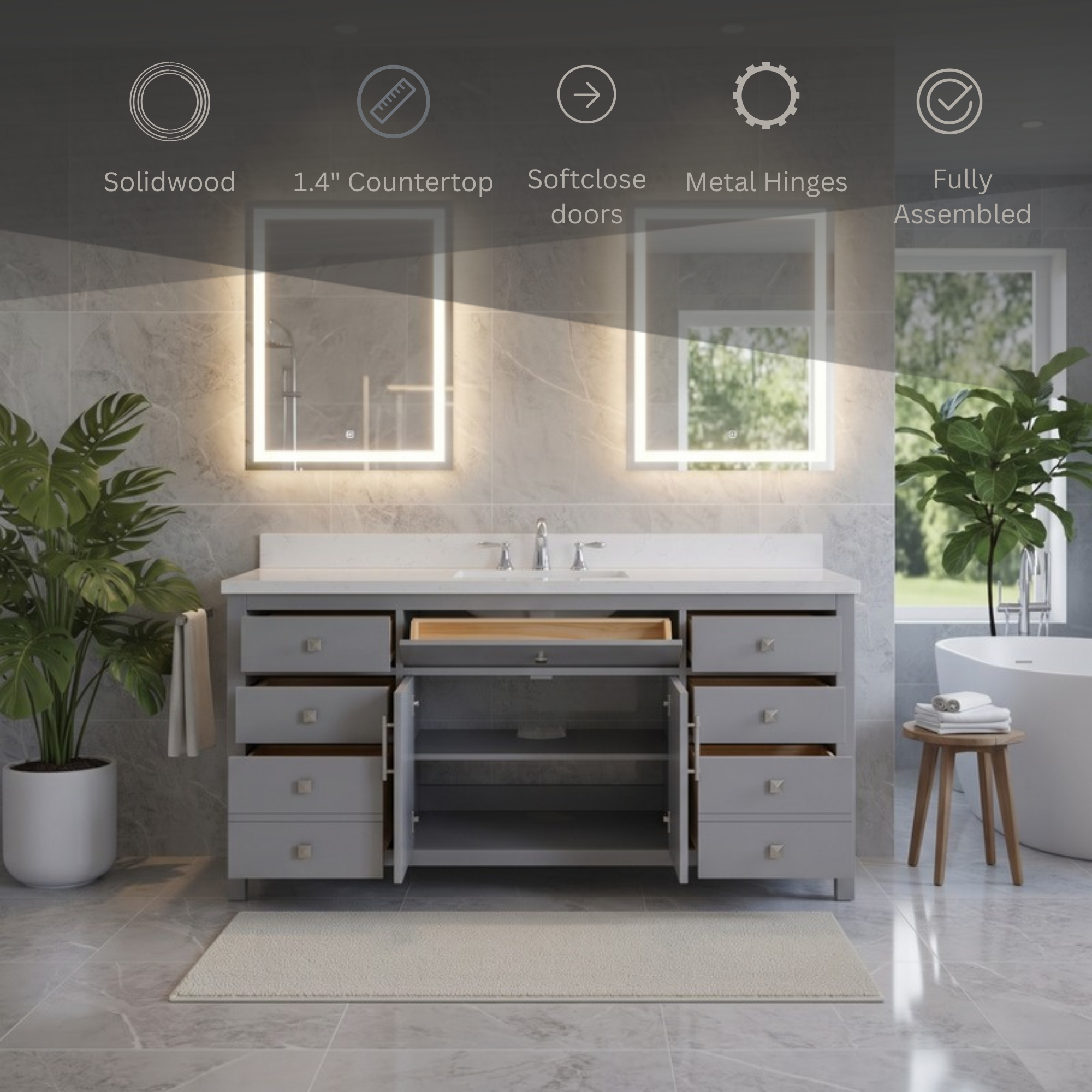 Oakford 60 inch solidwood feature highlights